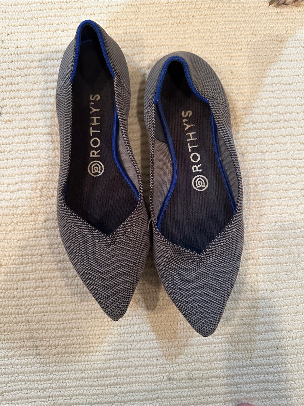 Rothy's Grey Pointed Knit Flats with Navy Trim